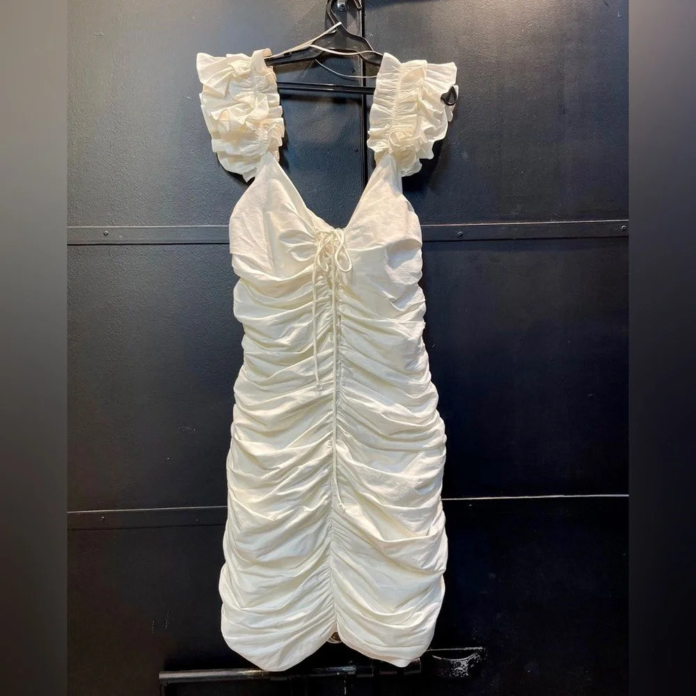 Zara Cream Ruched Mini Dress with Ruffle Straps - Picture 10 of 16